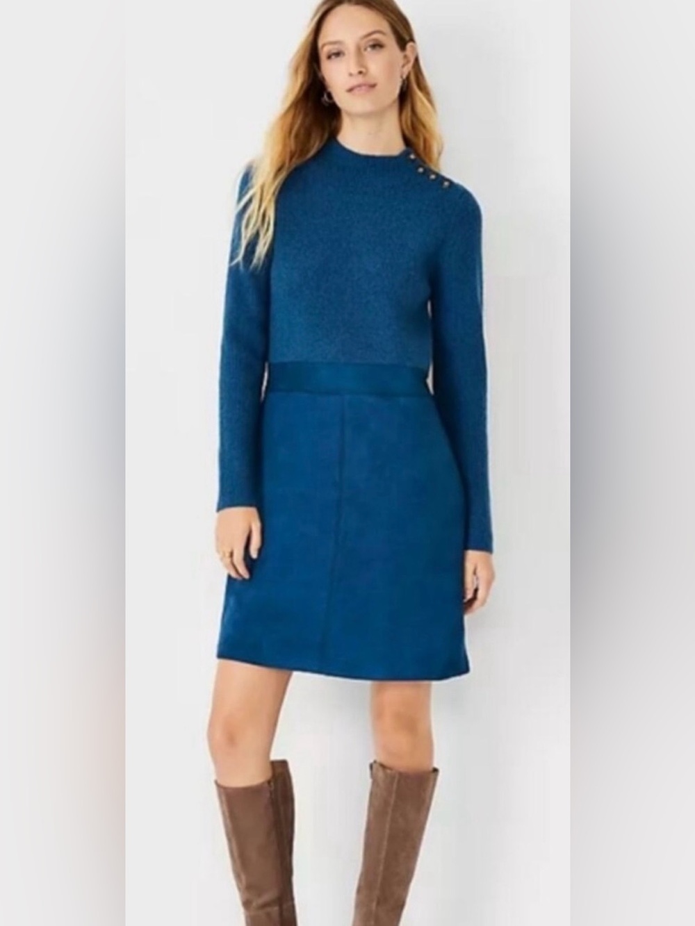 Ann Taylor Teal Blue Sweater Dress Long Sleeve Button Shoulder Faux Suede XSP